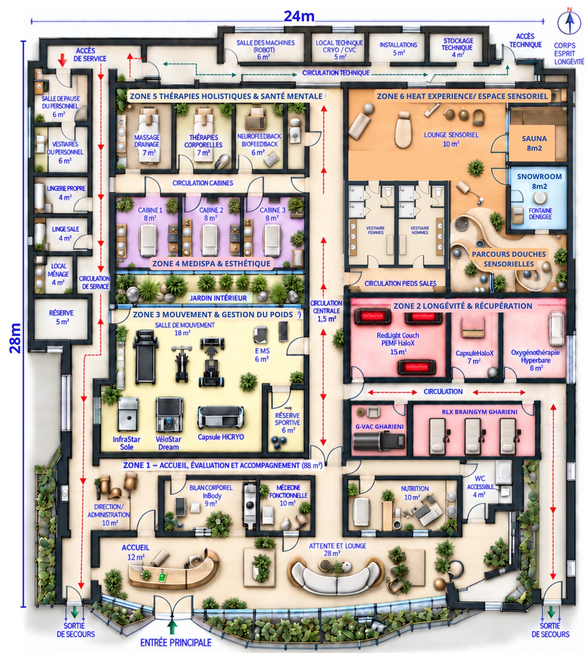 Plan d'un centre de longévité de 600 m² (24 × 28 m) organisé en six zones : accueil et évaluation, longévité et récupération, mouvement et gestion du poids, médi-spa et esthétique, thérapies holistiques, heat experience et espace sensoriel